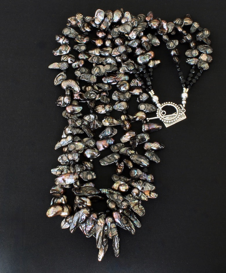 Black Keishi Pearl 3-Strand Necklace with Vintage Czech Nailheads and Sterling Silver