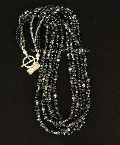 Black Keshi Pearl 5-Strand Necklace with Czech Nailheads, Fire Polished Glass and Sterling Silver