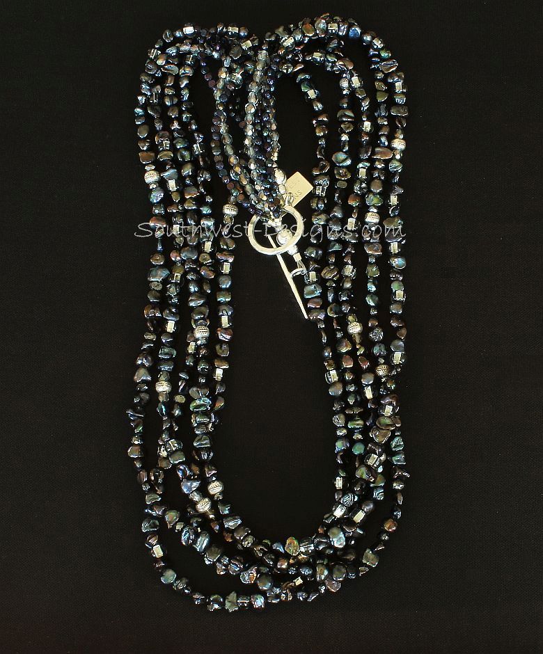 Black Keshi Pearl 5-Strand Necklace with Czech Nailheads, Fire Polished Glass and Sterling Silver