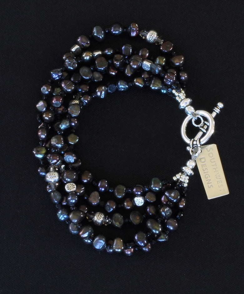 Black Nugget Pearl 5-Strand Bracelet with Czech Nailheads and Sterling Silver