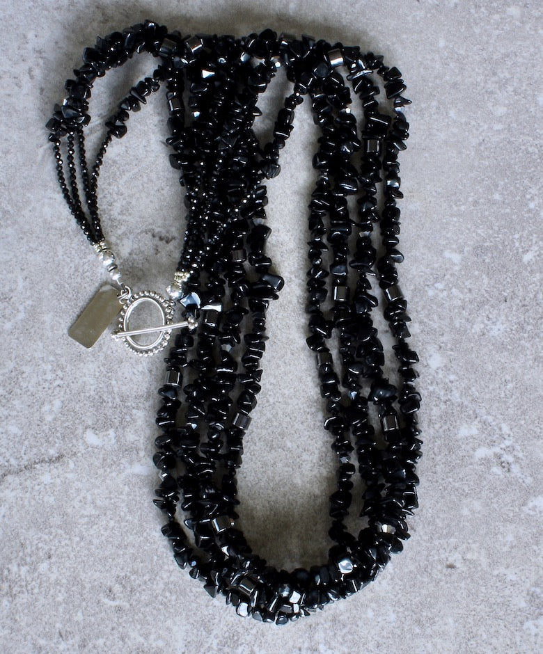 Black Onyx Chip 4-Strand Necklace with Hematite, Crystal, Czechoslovakian Nailheads and a Sterling Silver Toggle Clasp