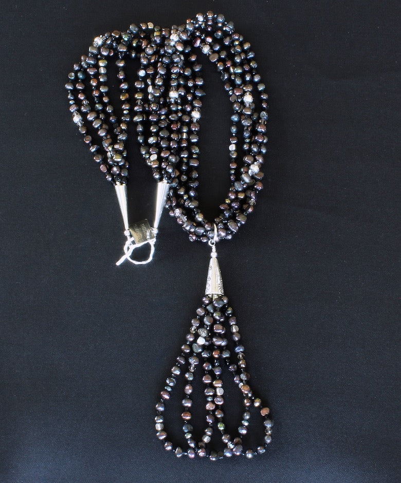 Black Nugget Pearl 5-Strand Necklace with 3-Loop Pearl & Sterling Silver Jacla