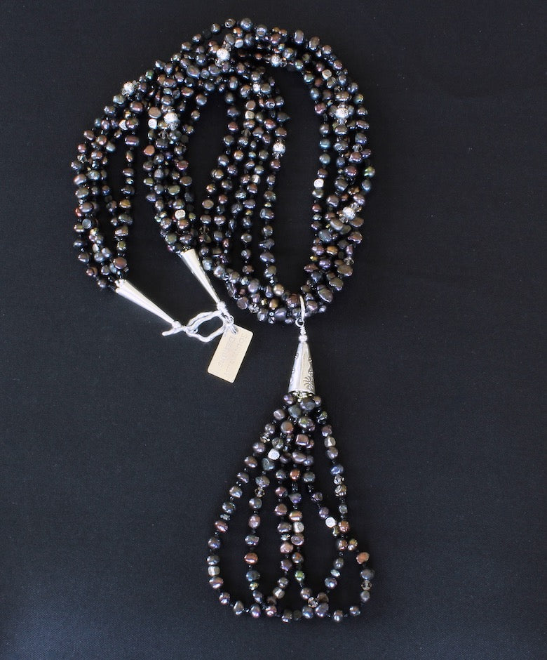 Black Nugget Pearl 5-Strand Necklace with 3-Loop Pearl & Sterling Silver Jacla