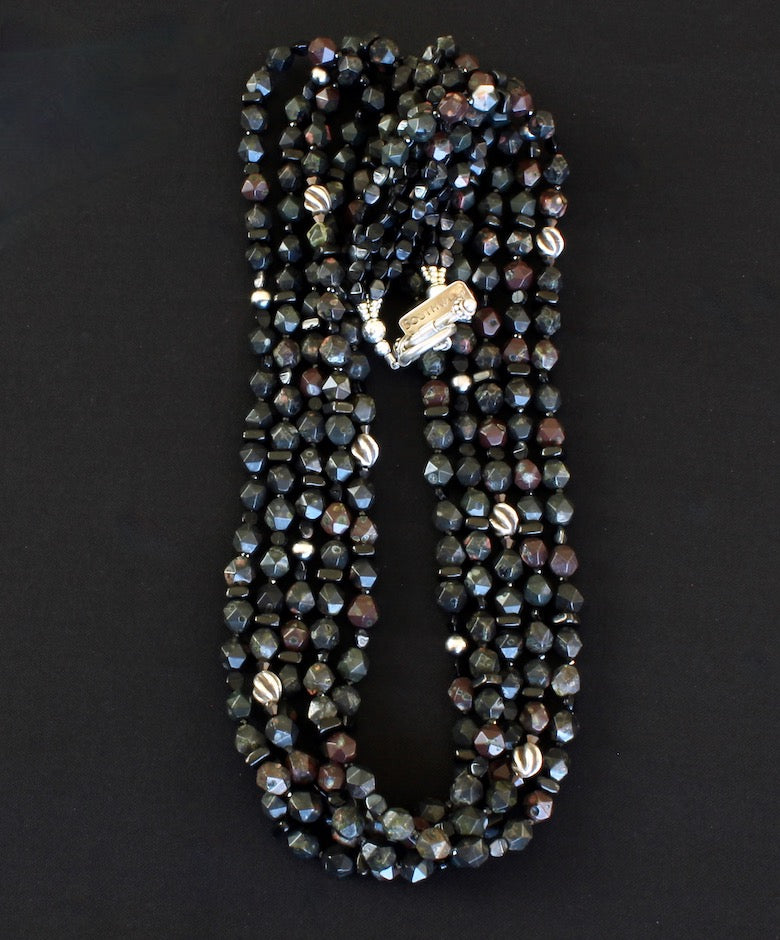 Black Plum Blossom Jasper Faceted Rounds 5-Strand Necklace with Sterling Silver