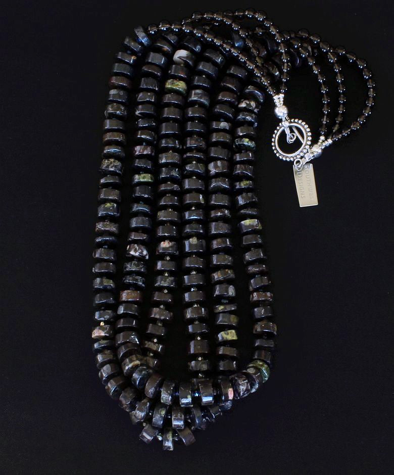 Black Plum Blossom Jasper 3-Strand Necklace with Czech Nailheads and Sterling Silver
