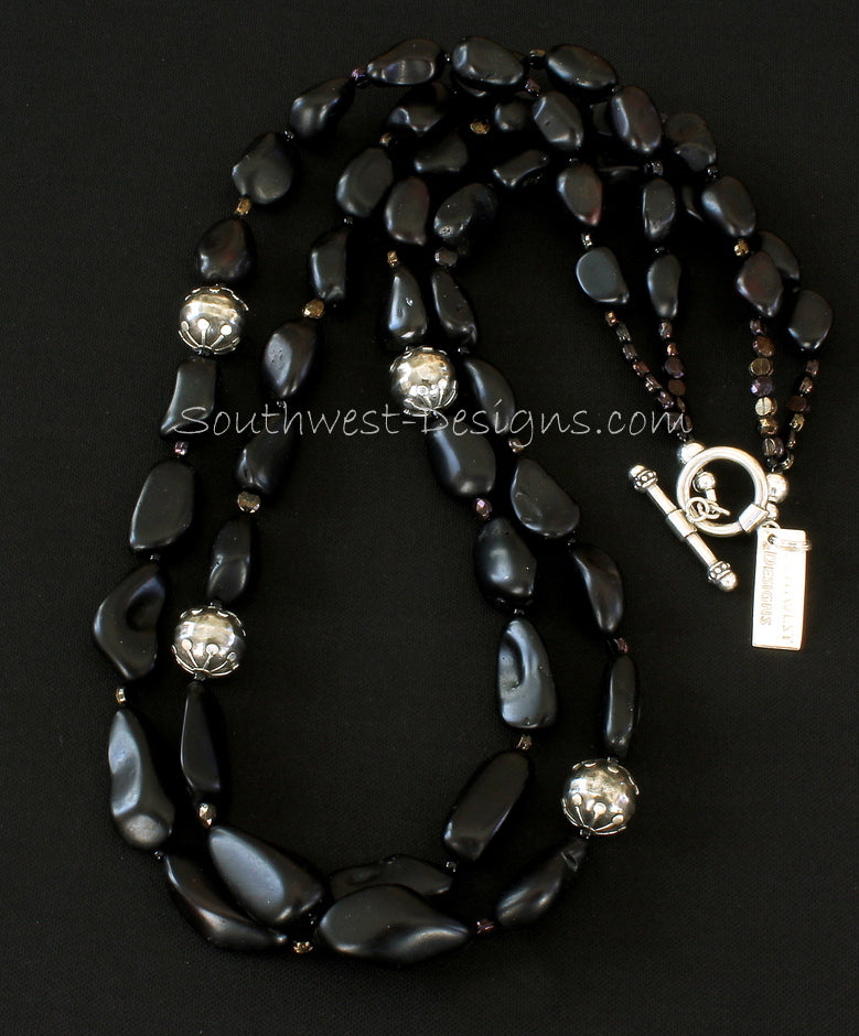 Black Amber 2-Strand Necklace with Bronze Czechoslovakian Nailheads and Oxidized & Polished Sterling Silver
