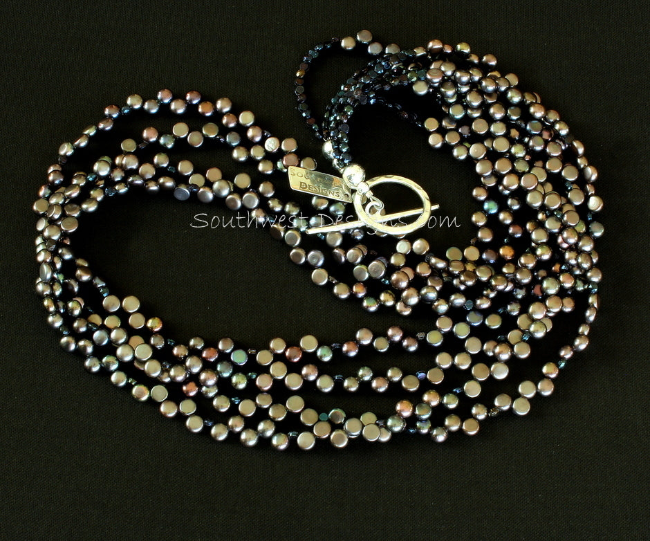 Black Button Pearl 4-Strand Necklace with Vintage Czechoslovakian Nailheads and Sterling Silver
