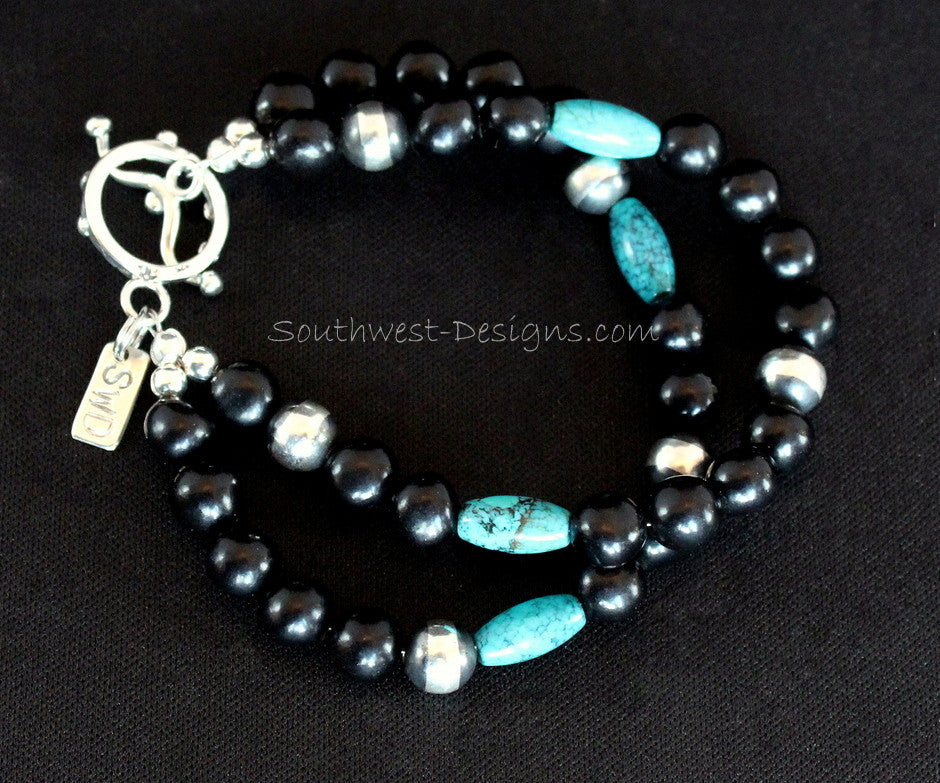 New Mexico Black Jet 2-Strand Bracelet with Turquoise Barrel Beads and Sterling Silver