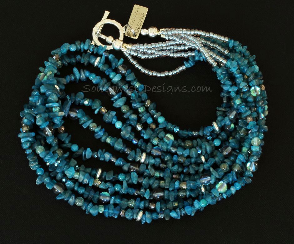 Blue Apatite Chip 5-Strand Necklace with Apatite Rounds, Czech Glass and Sterling Silver