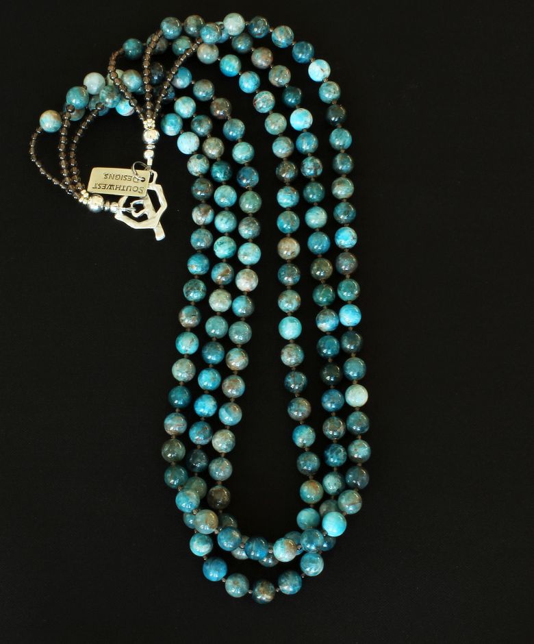 Blue Apatite Rounds 3-Strand Necklace with Smoky Quartz and Sterling Silver