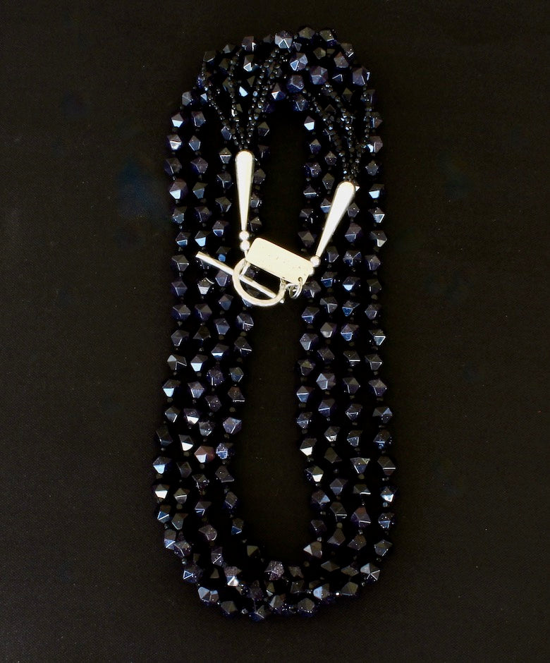 Blue Sandstone 4-Strand Necklace with Czech Nailheads and Sterling Silver