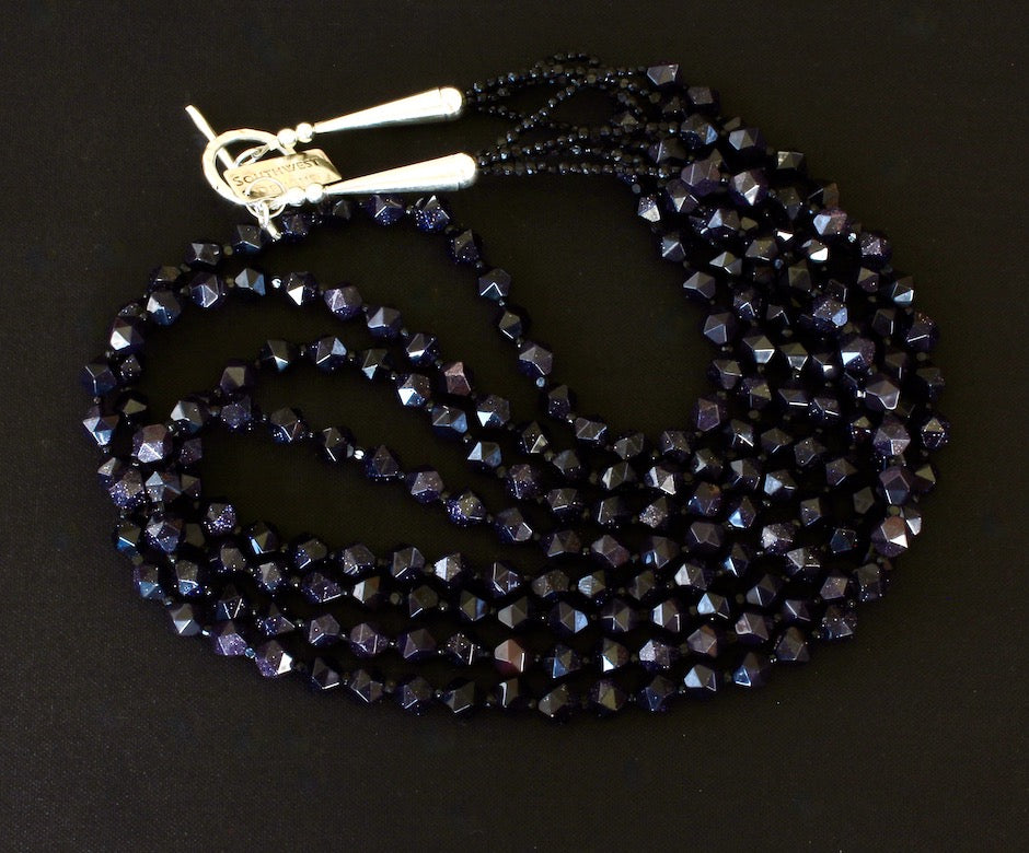 Blue Sandstone 4-Strand Necklace with Czech Nailheads and Sterling Silver