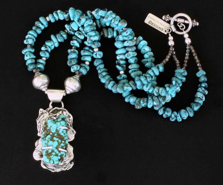 Blue Vein Turquoise and Reticulated Silver Pendant with 2 Strands of Turquoise Nuggets and Sterling