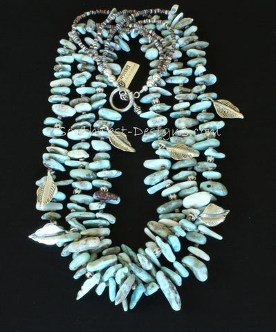 Blue Larimar Opal Spike 3-Strand Necklace with Olive Shell Heishi, Sterling Silver Leaf Charms, and Sterling Beads and Toggle Clasp