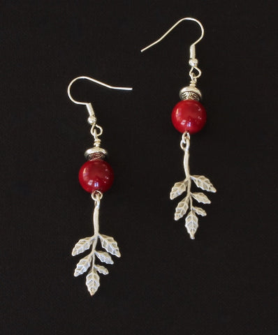 Burgundy Coral Rounds with Silver Leaf Charms