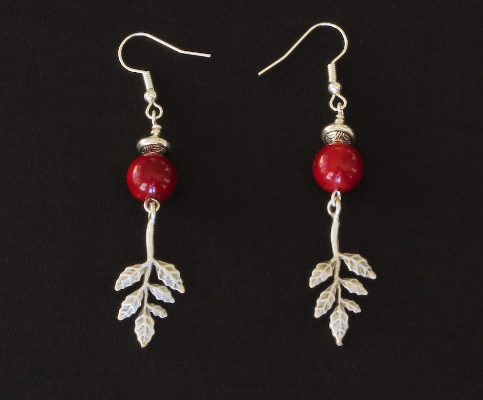 Burgundy Coral Rounds with Silver Leaf Charms