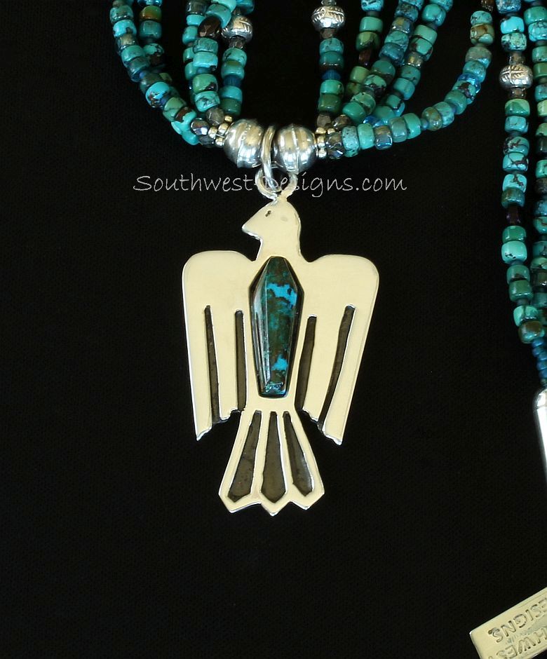 Chrysocolla Malachite and Sterling Silver Thunderbird with 5 Strands of Turquoise Rondelles