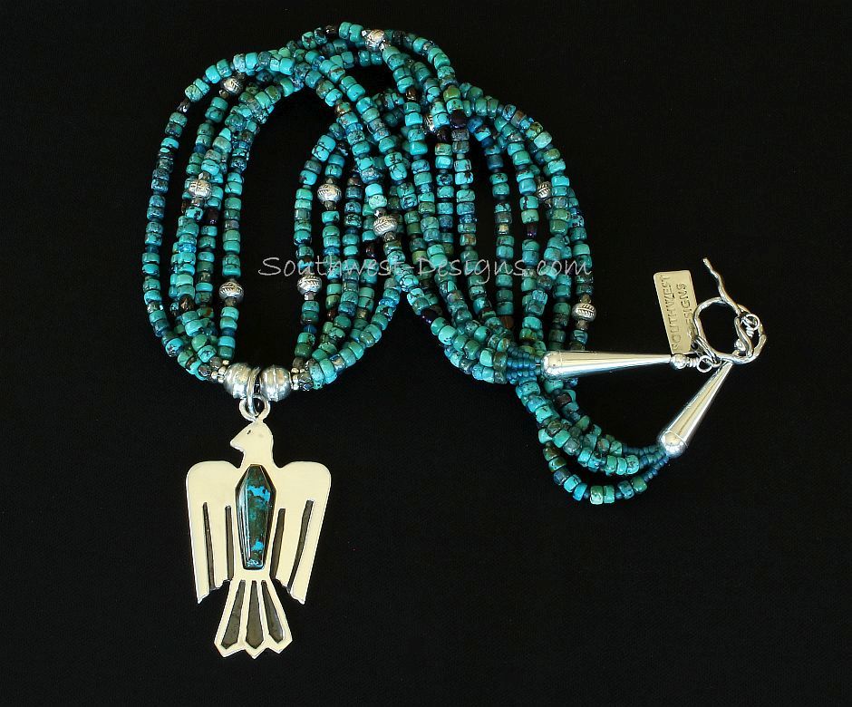 Chrysocolla Malachite and Sterling Silver Thunderbird with 5 Strands of Turquoise Rondelles