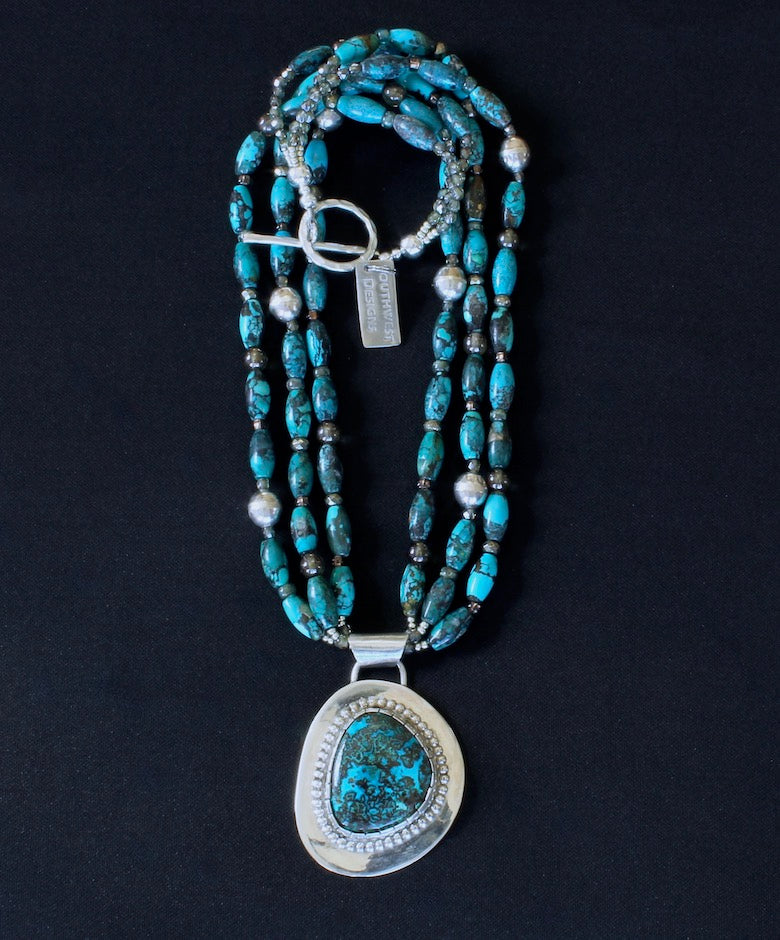 Chrysocolla-Malachite and Sterling Silver Pendant with 3 Strands of Turquoise Long Ovals, Czech Glass and Sterling