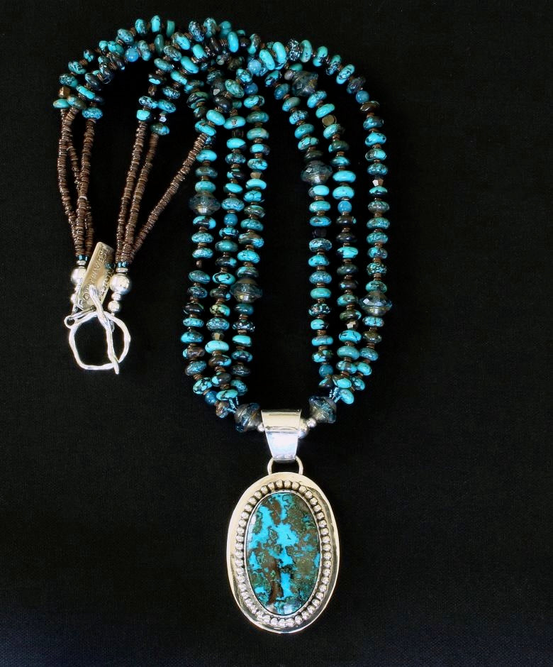 Chrysocolla Malachite and Sterling Silver Pendant with Turquoise Rondelles
