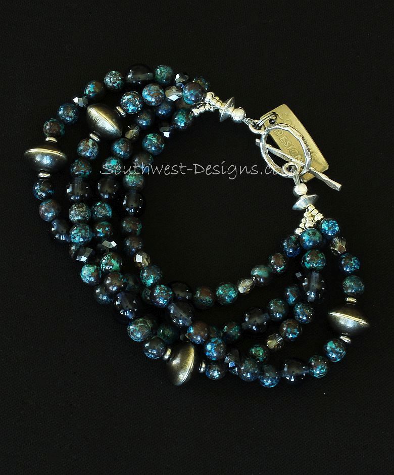 Chrysocolla Rounds 4-Strand Bracelet with Blue Czech Druk Glass, Oxidized Sterling Rondelles and Sterling Toggle