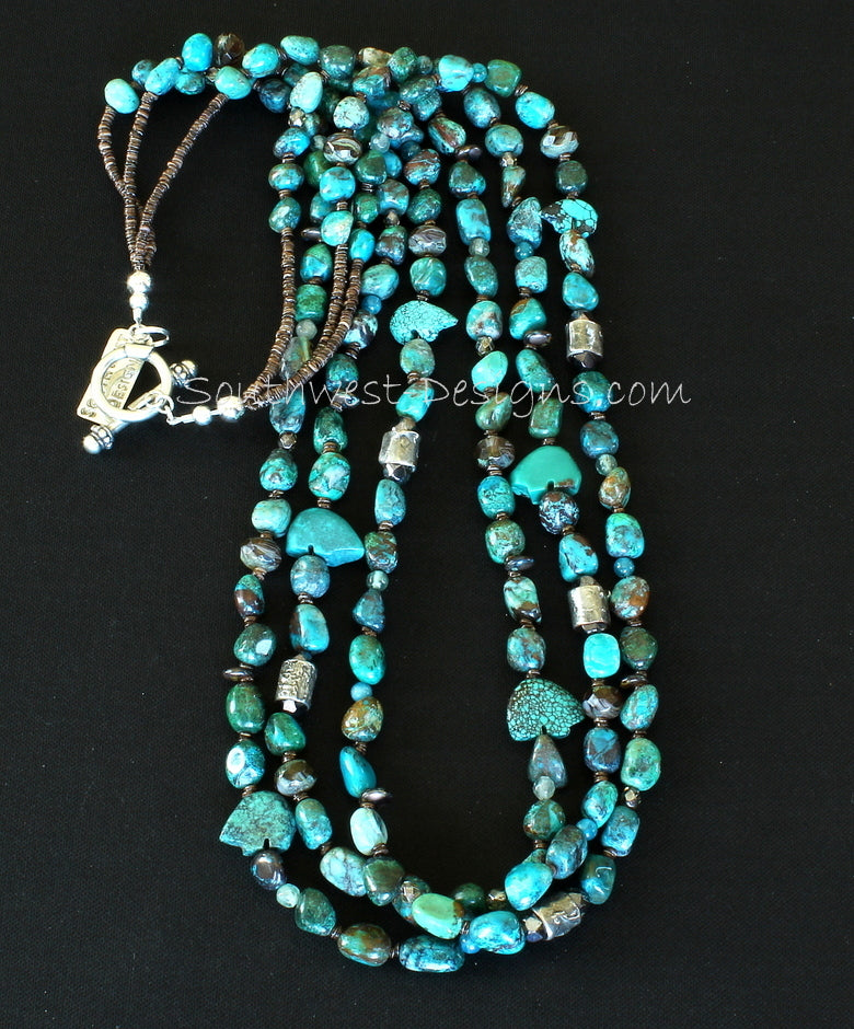 3-Strand Chrysocolla Nugget Necklace with Mojo Cylinder Beads, Apatite, Turquoise Fetishes and Sterling Silver