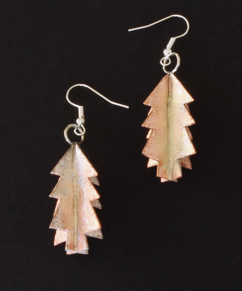 Copper Dusted with Silver 3D Christmas Tree Earrings