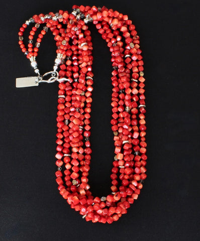 Bamboo Coral Cubes 6-Strand Necklace with Fire Polished Glass and Sterling Silver