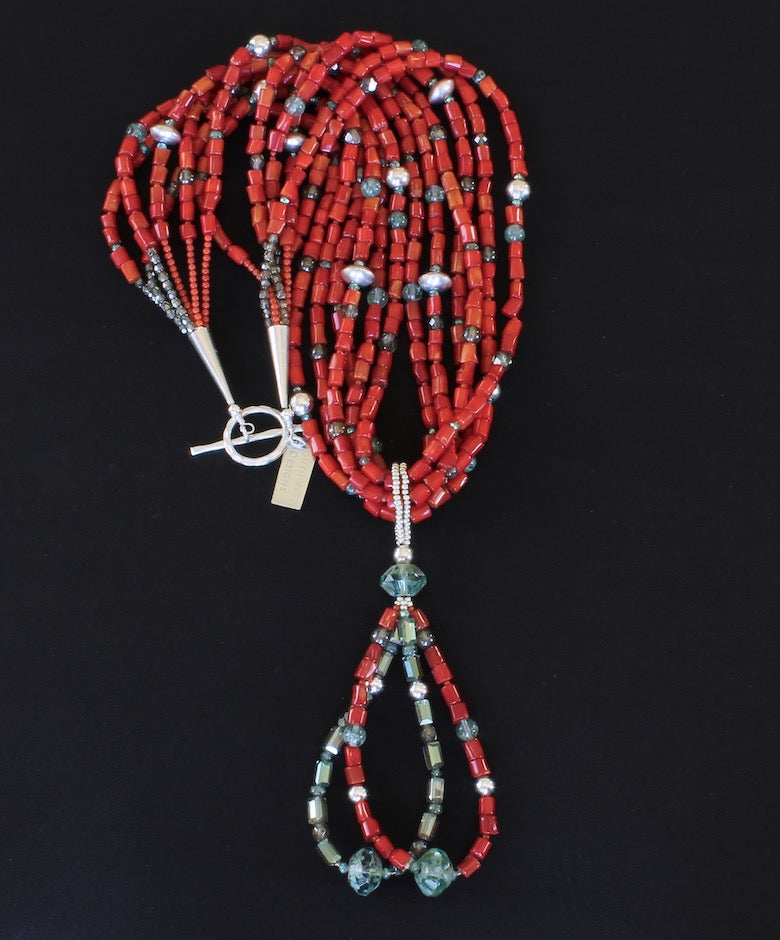 Bamboo Coral Cylinder Bead 6-Strand Necklace with Crystal & Coral Jacla