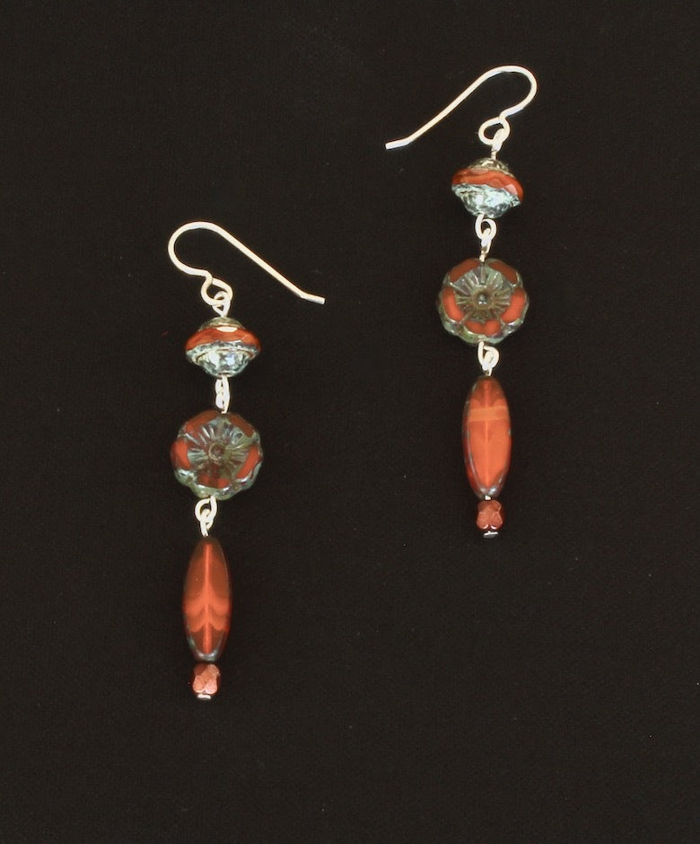 Coral Picasso Czech Glass Earrings with Sterling Silver
