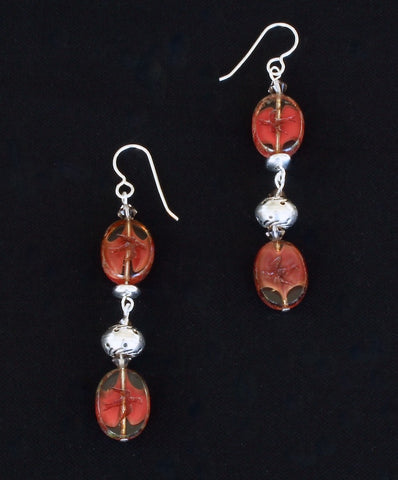Czech Glass Coral Bird-Print Oval Earrings with Sterling Silver
