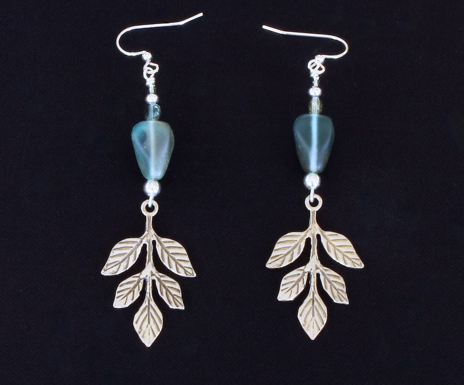 Czech Glass Aqua Pyramid Earrings with Sterling Silver Leaf Charms
