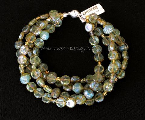 Moss Green Czech Luster Glass 4-Strand Bracelet with Fire Polished Glass and Sterling Silver Magnet Clasp