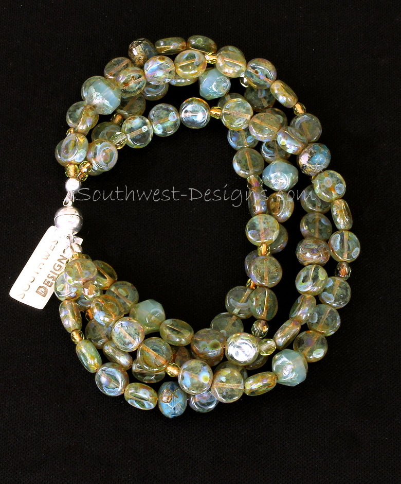 Moss Green Czech Luster Glass 4-Strand Bracelet with Fire Polished Glass and Sterling Silver Magnet Clasp
