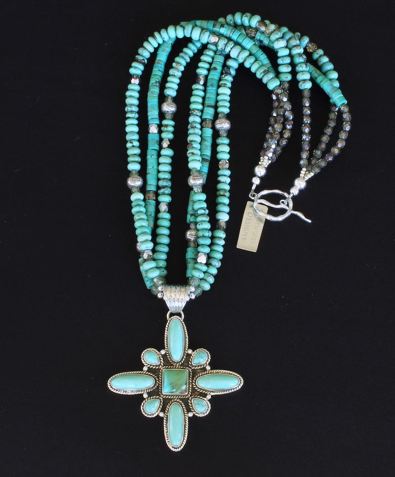 9-Stone Turquoise & Sterling Silver Pendant with 3 Strands of Turquoise Heishi and Rondelles, and Hill Tribe and Sterling Silver Beads & Toggle Clasp