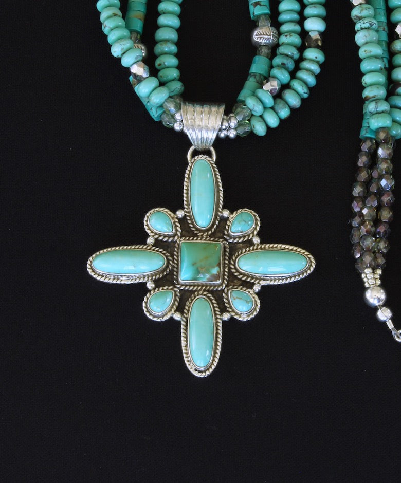 9-Stone Turquoise & Sterling Silver Pendant with 3 Strands of Turquoise Heishi and Rondelles, and Hill Tribe and Sterling Silver Beads & Toggle Clasp