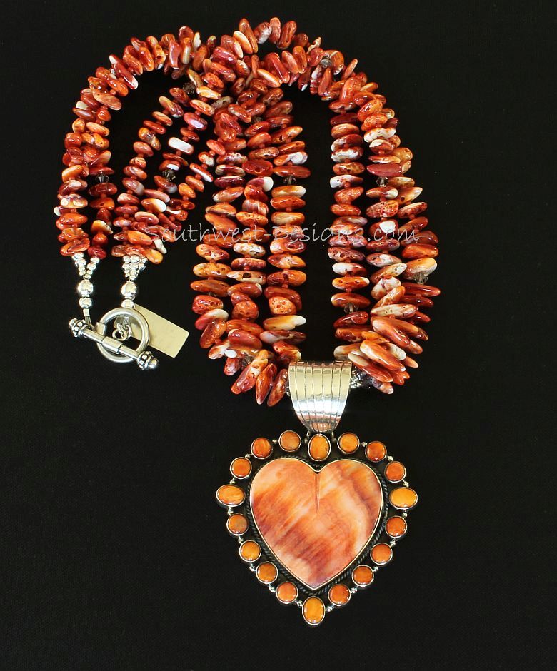 Spiny Oyster Shell and Sterling Silver Heart Pendant with Spiny Oyster Shell Nuggets, Coral & Sterling