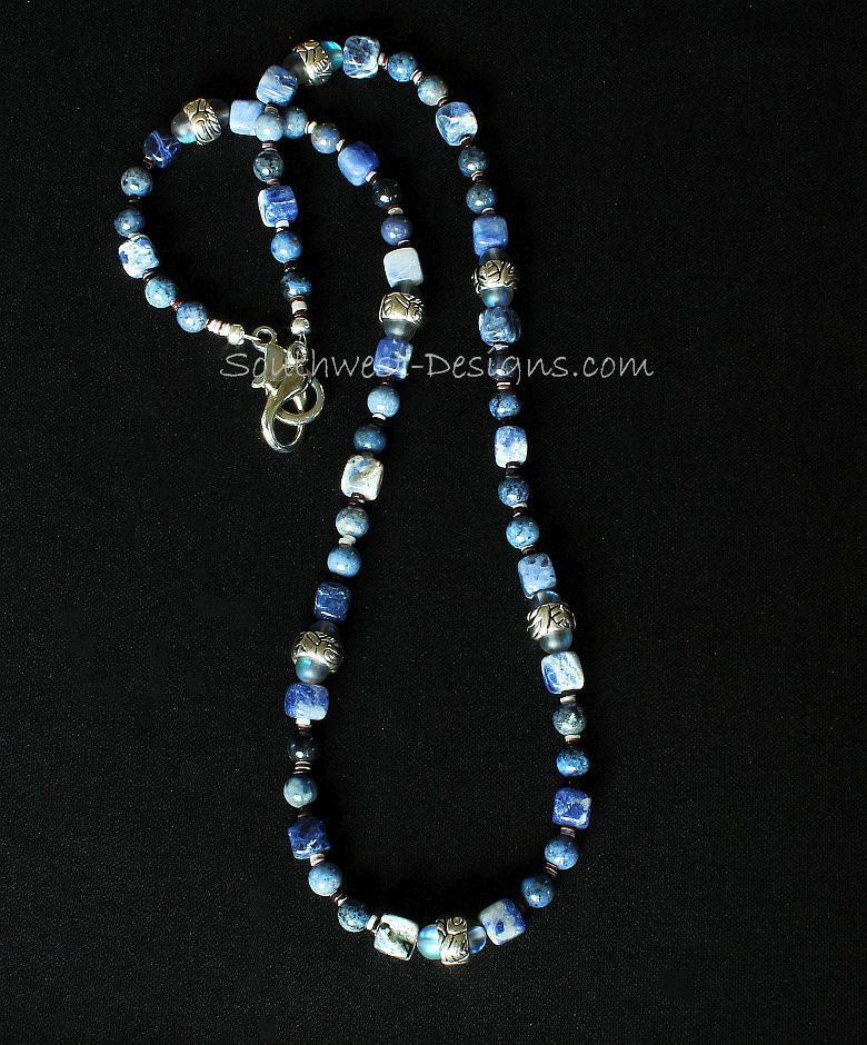 Sunset Dumortierite & Sodalite Mask Lanyard with Blue Crystal and Ornate Silver