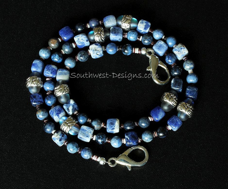 Sunset Dumortierite & Sodalite Mask Lanyard with Blue Crystal and Ornate Silver