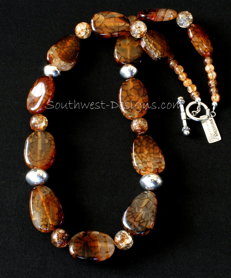 Fire Crackle Agate Ovals Necklace with Amber Quartz, Handcrafted Sterling Silver Rondelles and Sterling Toggle Clasp