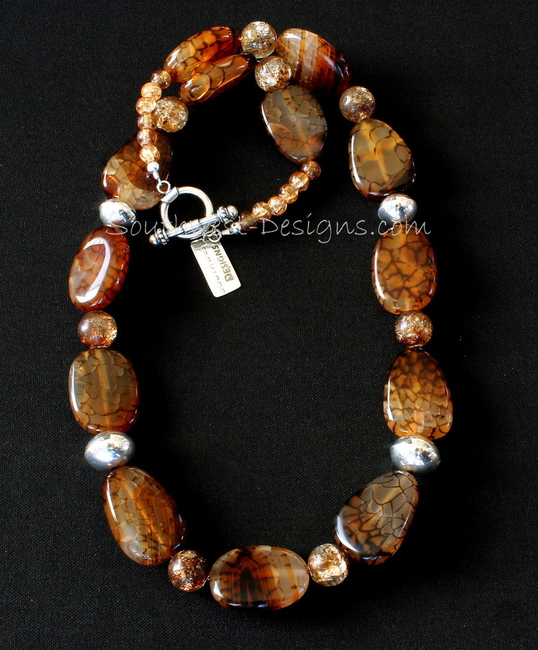Fire Crackle Agate Ovals Necklace with Amber Quartz, Handcrafted Sterling Silver Rondelles and Sterling Toggle Clasp