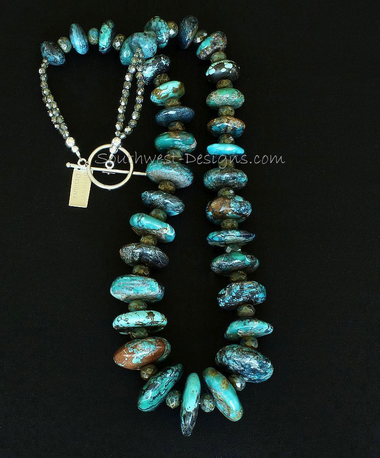 Turquoise Graduated Rondelle Bead Necklace with Czech Luster Glass, Fire Polished Glass and Sterling Silver