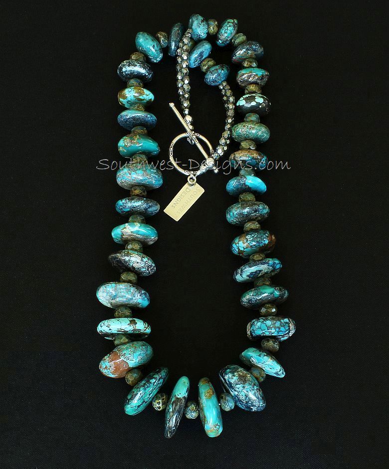 Turquoise Graduated Rondelle Bead Necklace with Czech Glass and Sterling Silver