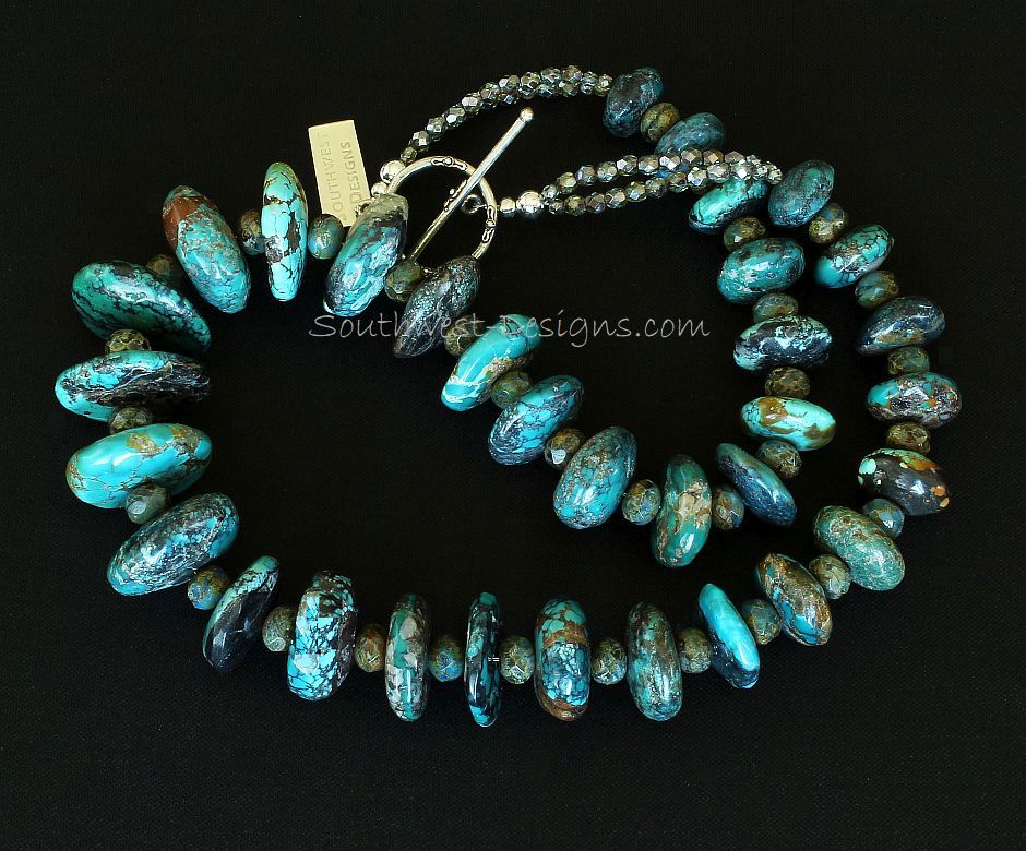 Turquoise Graduated Rondelle Bead Necklace with Czech Glass and Sterling Silver