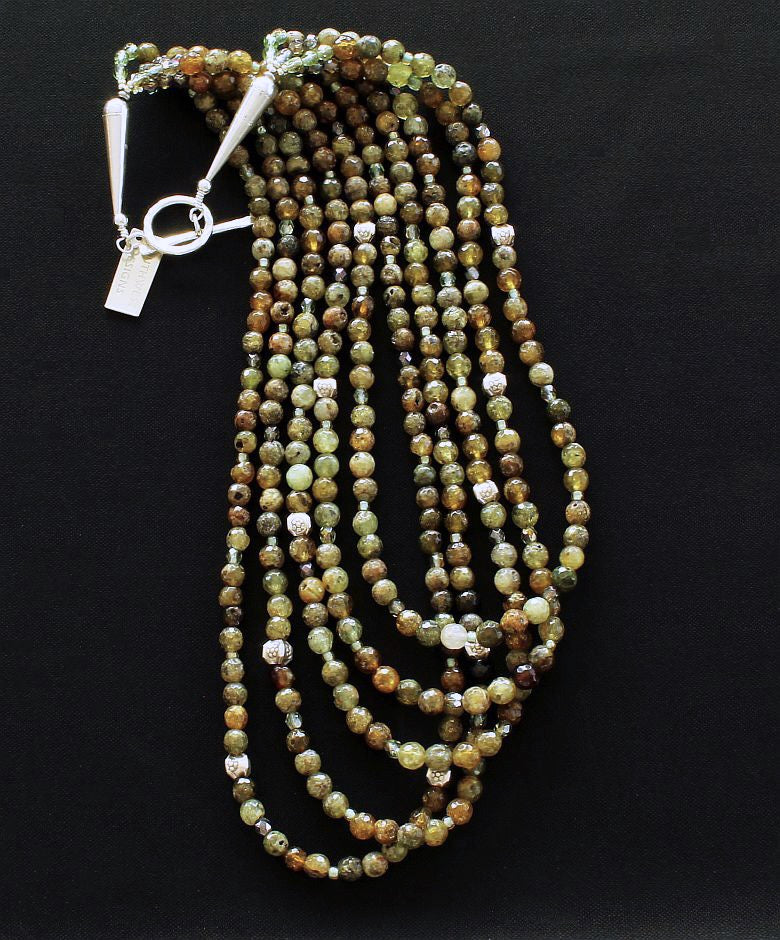 Green Garnet Faceted Rounds 5-Strand Necklace with Czech Glass and Sterling Silver