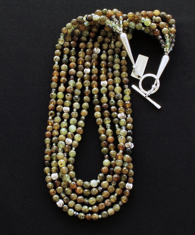 Green Garnet Faceted Rounds 5-Strand Necklace with Czech Glass and Sterling Silver