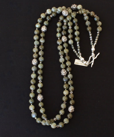 Green Labradorite Rounds 2-Strand Necklace with Crystal, Czech Glass and Handcrafted Sterling