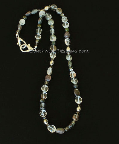 Green Lodolite Quartz Mask Lanyard with Jade and Sterling Silver