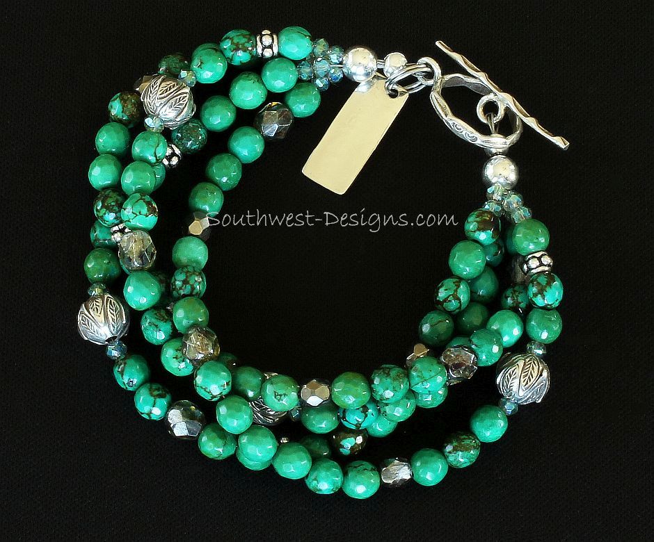 Green Turquoise Faceted Rounds 4-Strand Bracelet with Fire Polished Glass, Ornate Sterling Silver Rounds, Sterling Wheel Spacers and Textured Sterling Toggle Clasp