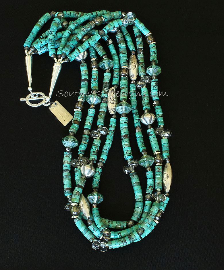 Turquoise Heishi 4-Strand Necklace with Crystal, Czech Glass and Sterling Silver